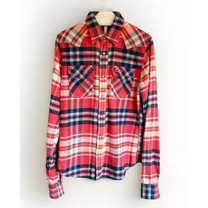 Men's Hollister Pearl Snap Plaid Shirt Western Style Red Plaid Size Large